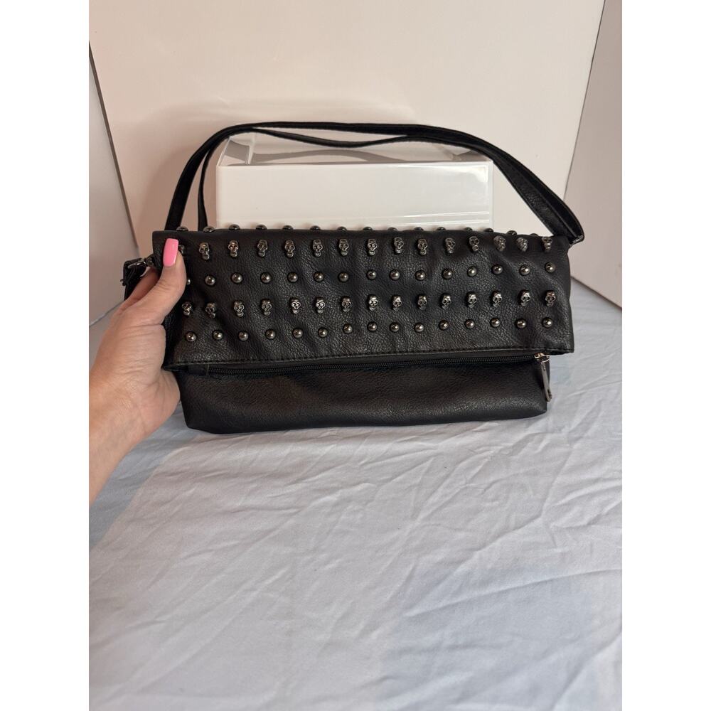 Torrid Crossbody Or Clutch Purse Skulls Studs Black Faux Leather Multiple Pocket